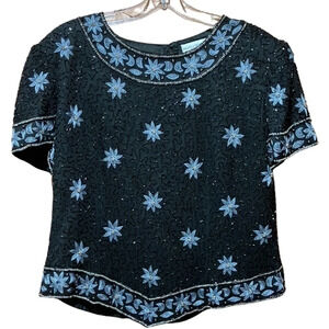 Vintage Adrianna Papell Beaded Short Sleeve Silk Top Blue